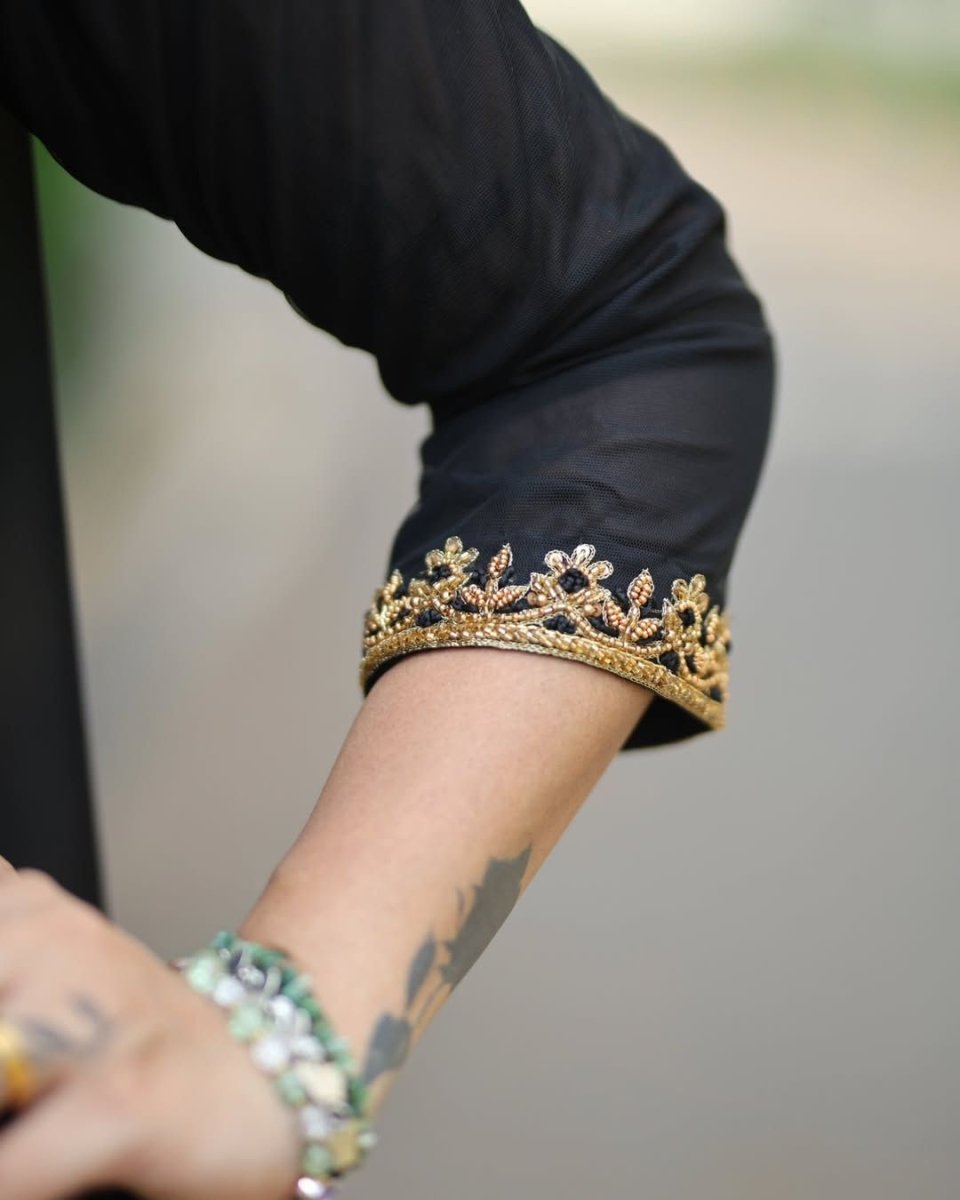 Ziya - Black with gold embellishment anarkali gown and duppata | Petals Chennai - Petals Chennai