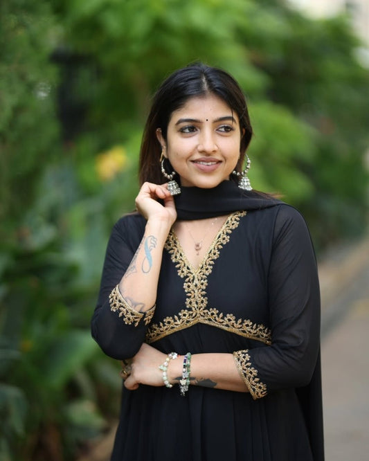 Ziya - Black with gold embellishment anarkali gown and duppata | Petals Chennai - Petals Chennai