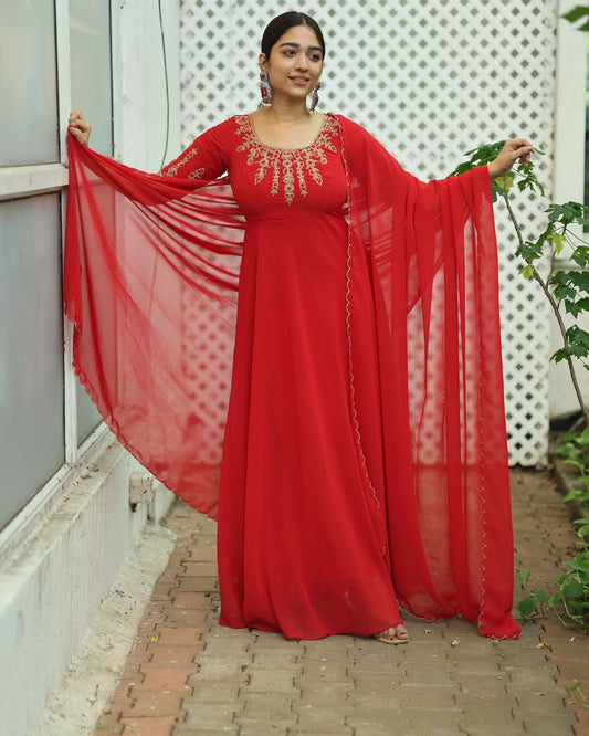 Dhairya-Cherry red anarkali gown and duppata | Petals Chennai