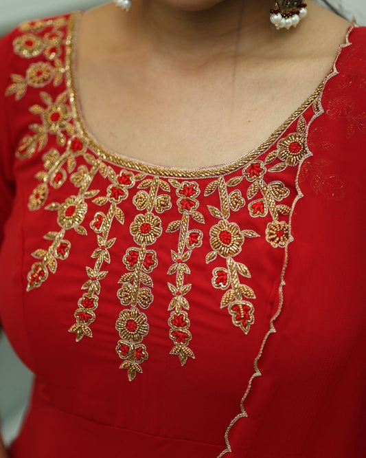 Dhairya-Cherry red anarkali gown and duppata | Petals Chennai