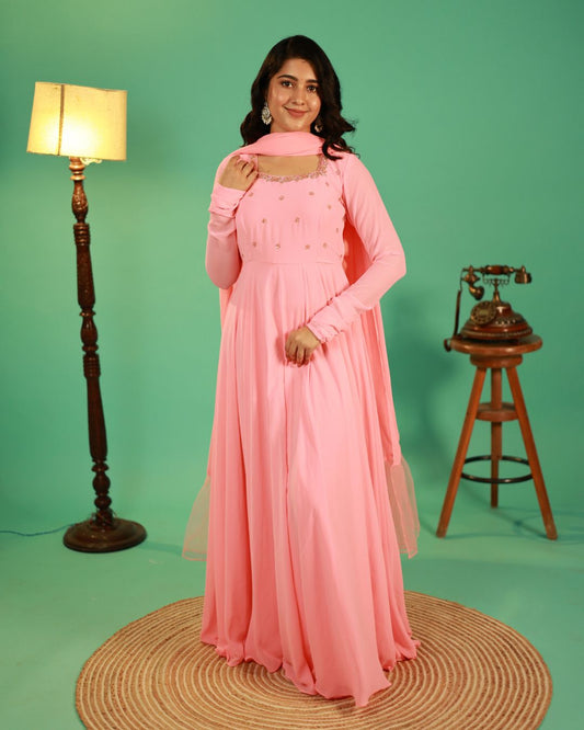 Smrithi-Pastel blush pink anarkali gown and duppata | Petals Chennai