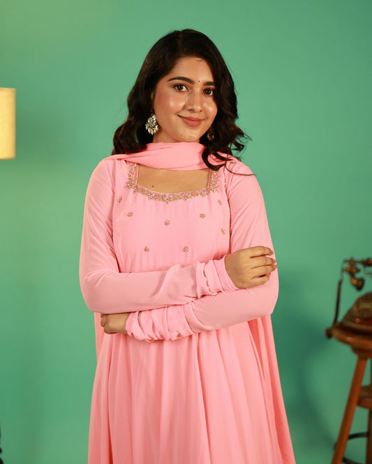 Smrithi-Pastel blush pink anarkali gown and duppata | Petals Chennai