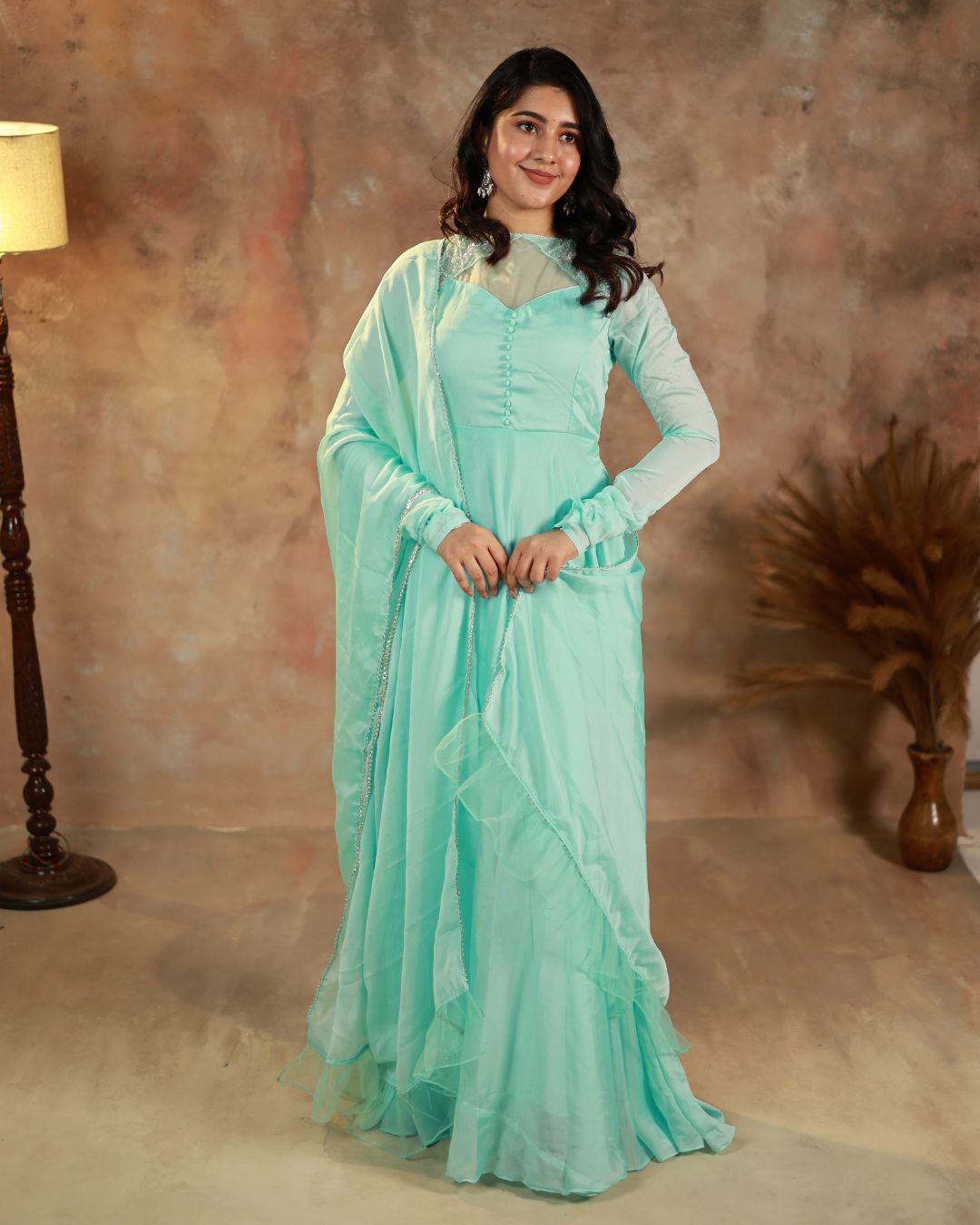 Nita-Powder blue floor length anarkali gown amd duppata | Petals Chennai
