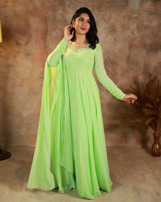 Leela -Fresh lime green anarkali gown and duppata | Petals Chennai