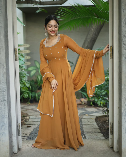 Gauri-Camel brown floor lenth gown and duppata | Petals Chennai