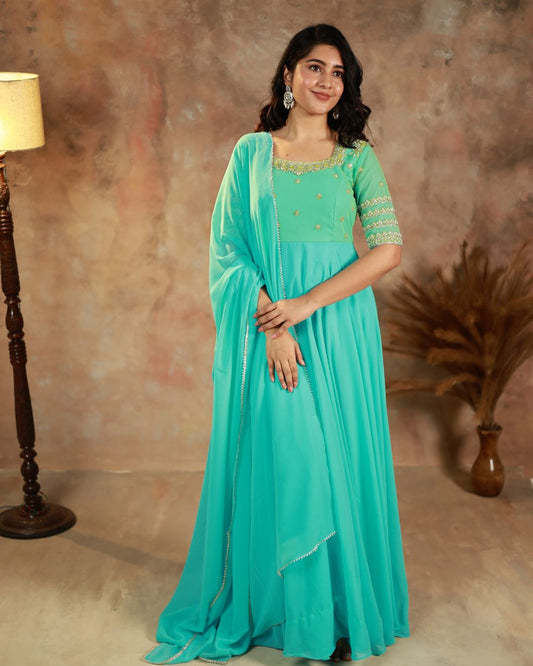 Tisha-Aqua green anarkali gown and duppata | Petals Chennai