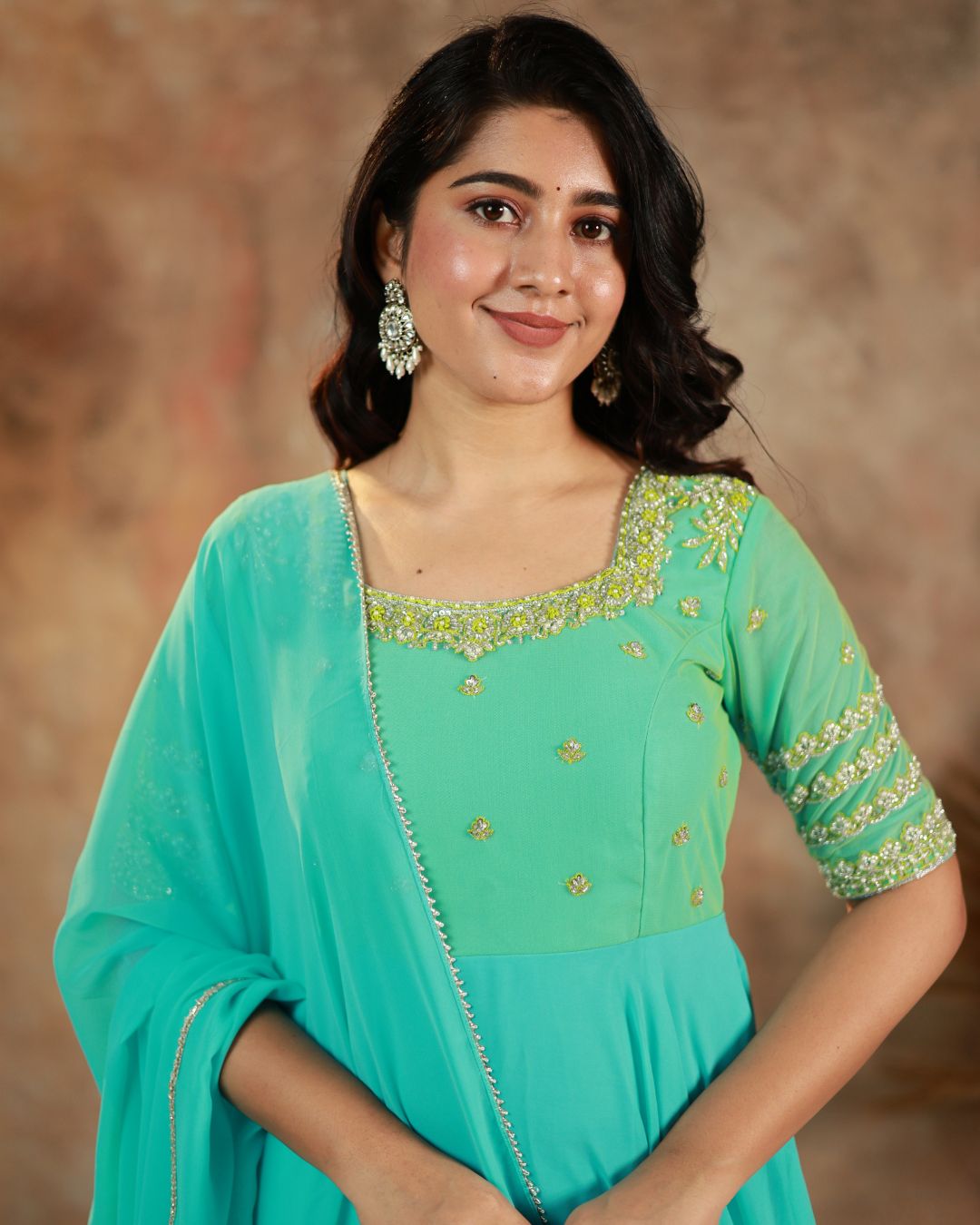 Tisha-Aqua green anarkali gown and duppata | Petals Chennai