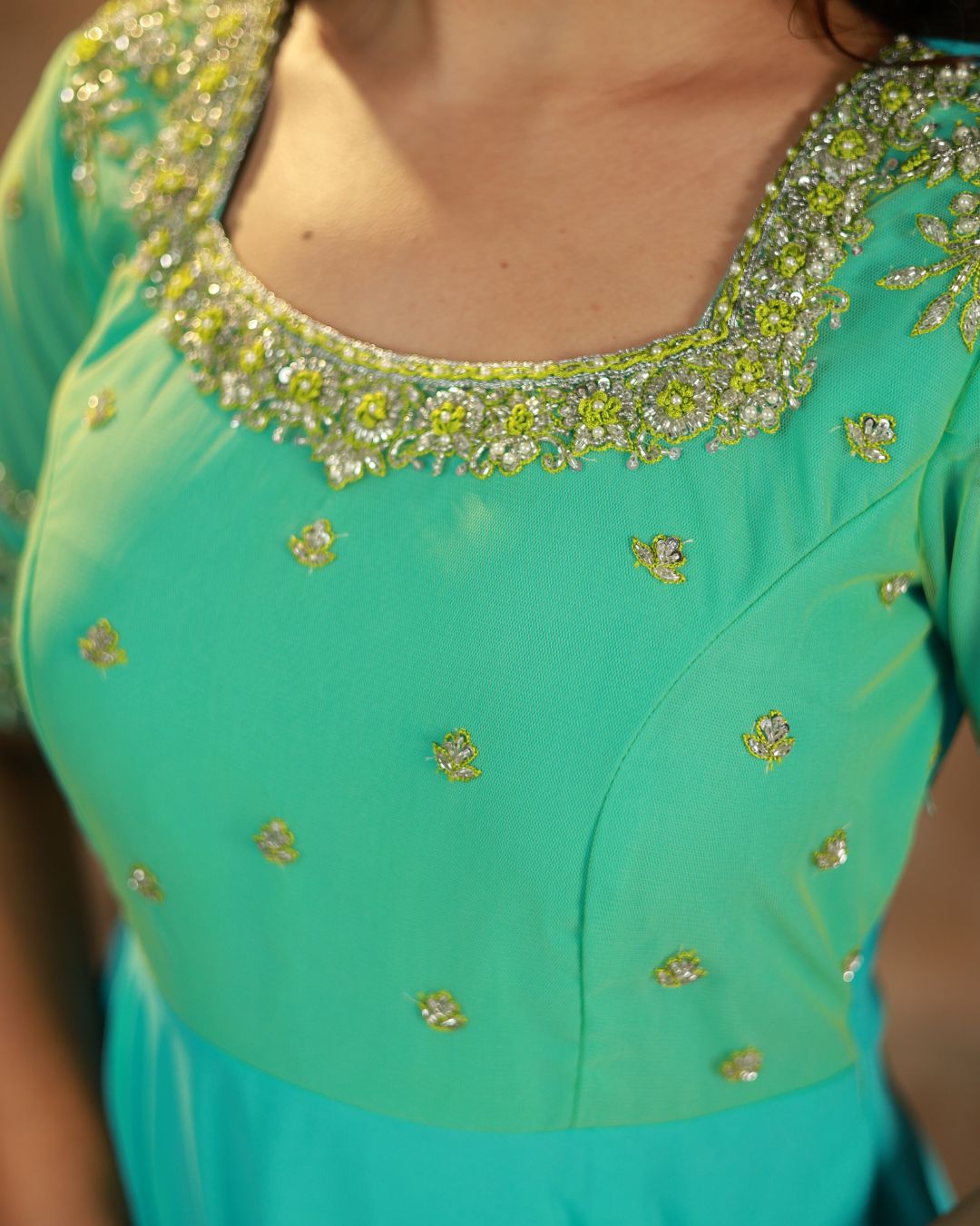 Tisha-Aqua green anarkali gown and duppata | Petals Chennai