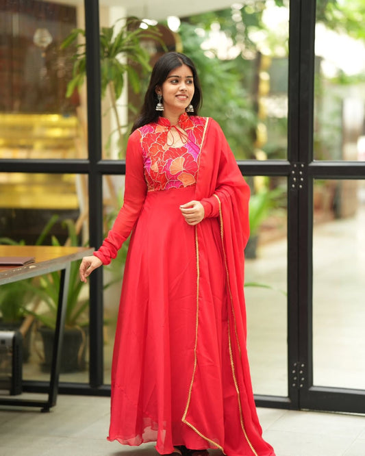 Heera-Crimson red flowy anarkali gown and duppata | Petals Chennai