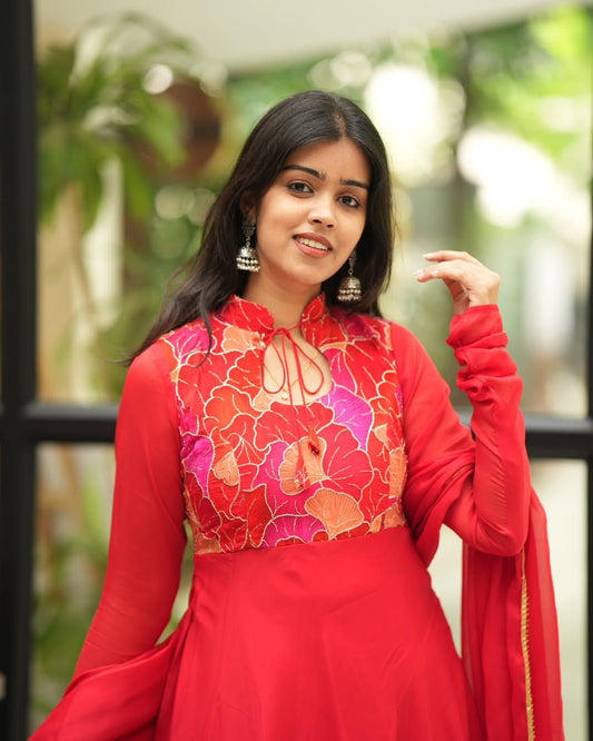 Heera-Crimson red flowy anarkali gown and duppata | Petals Chennai