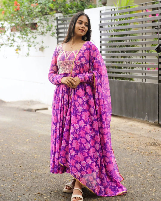Dheera-lavendar floral printed anarkali and duppata | Petals Chennai
