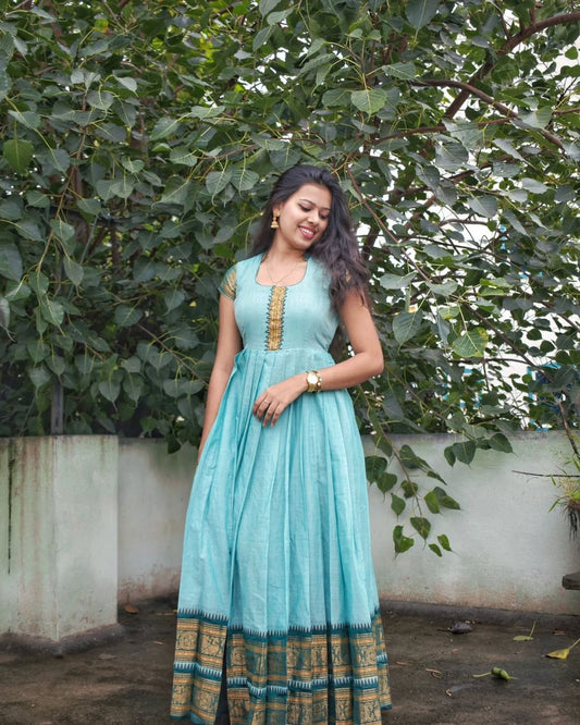 Ayushi - Sky Blue & Green Floor Length Pleated Gown | Petals Chennai