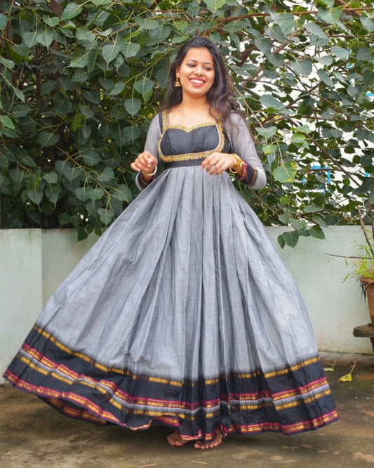 Chaitra - Grey & Black Cotton Floor Length Gown | Petals Chennai