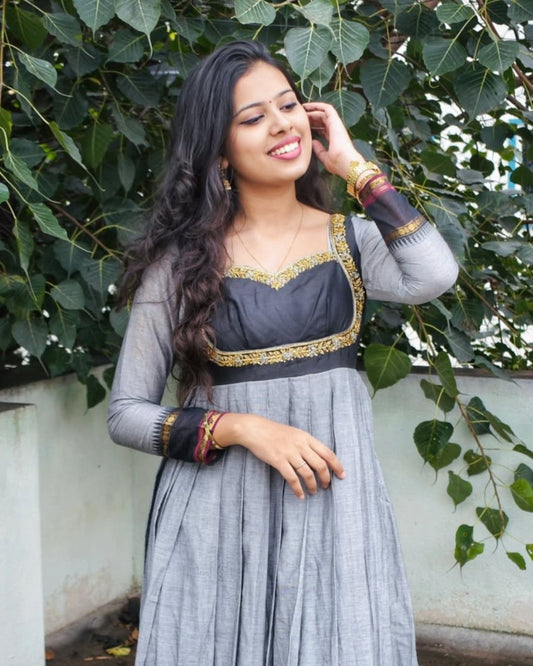 Chaitra - Grey & Black Cotton Floor Length Gown | Petals Chennai