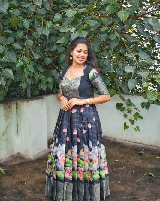 Damini - Black Tissue Chanderi Floral Gown | Petals Chennai
