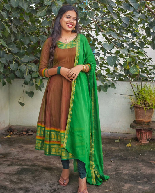 Ekta - Brown & Green Anarkali Gown with Dupatta | Petals Chennai