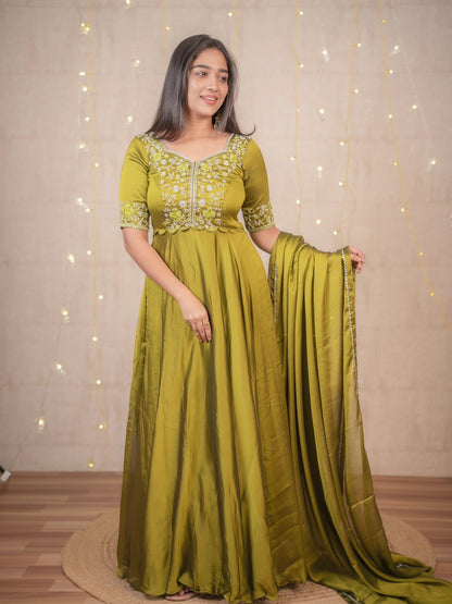 Miraki- Leaf green floor length gown and duppatta