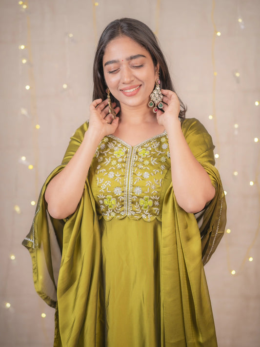 Miraki- Leaf green floor length gown and duppatta