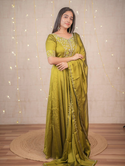 Miraki- Leaf green floor length gown and duppatta