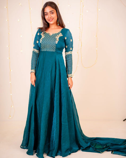 Mayuri -Peacock green crush gorgette gown and duppata