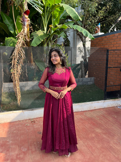 Preesha Wine Draped Embroidered Gown and Duppata | Petals Chennai