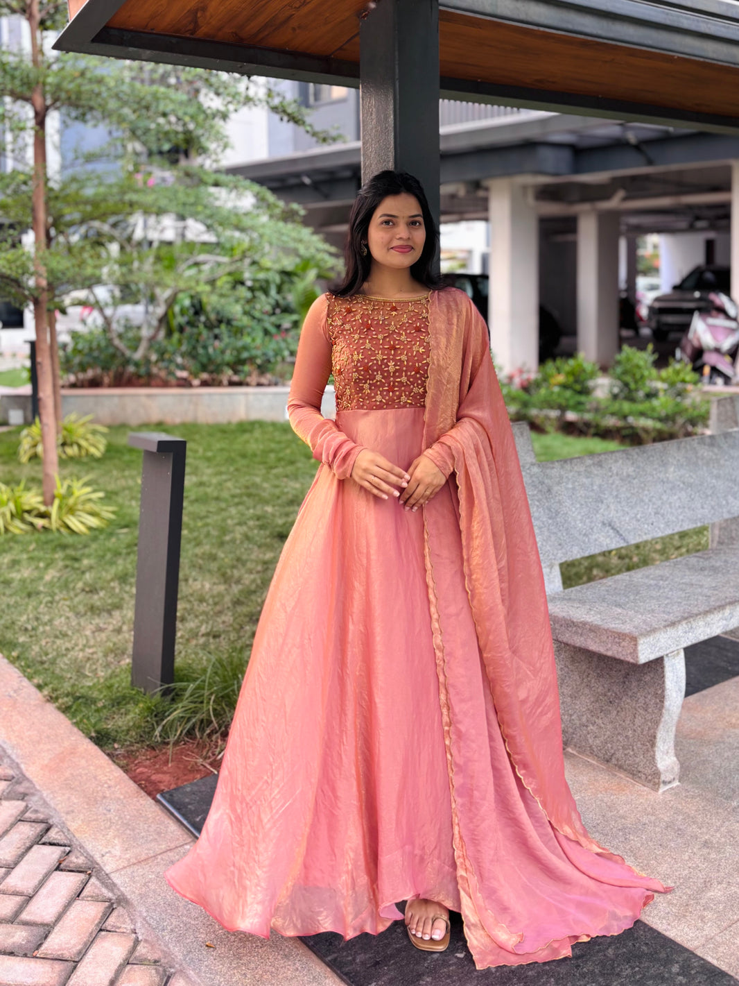 Yara- Rose Gold Floor length Gown and Duppata | Petals Chennai