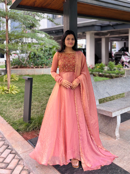 Yara- Rose Gold Floor length Gown and Duppata | Petals Chennai