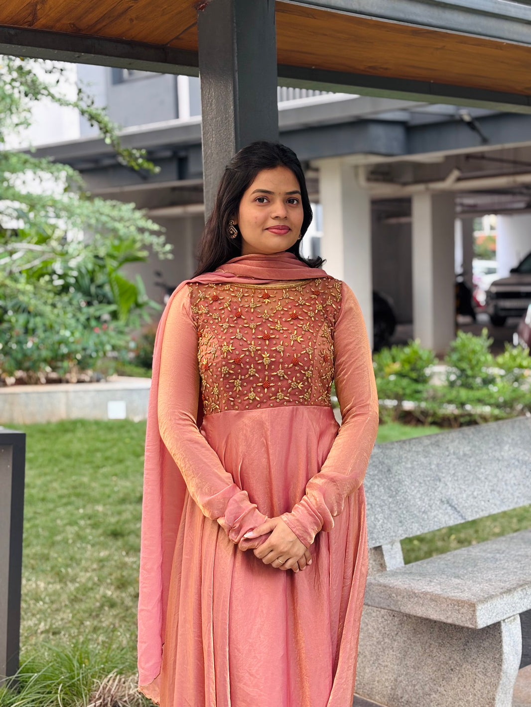 Yara- Rose Gold Floor length Gown and Duppata | Petals Chennai