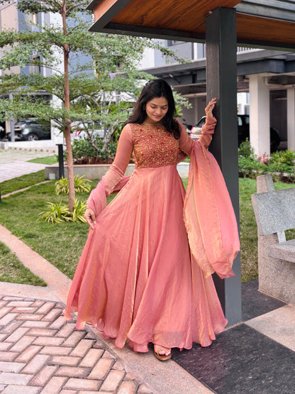 Yara- Rose Gold Floor length Gown and Duppata | Petals Chennai