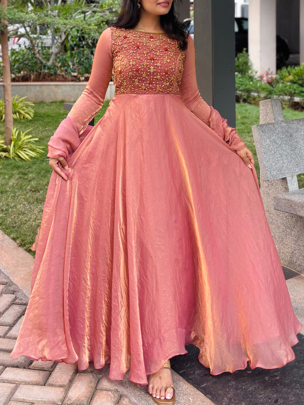Yara- Rose Gold Floor length Gown and Duppata | Petals Chennai