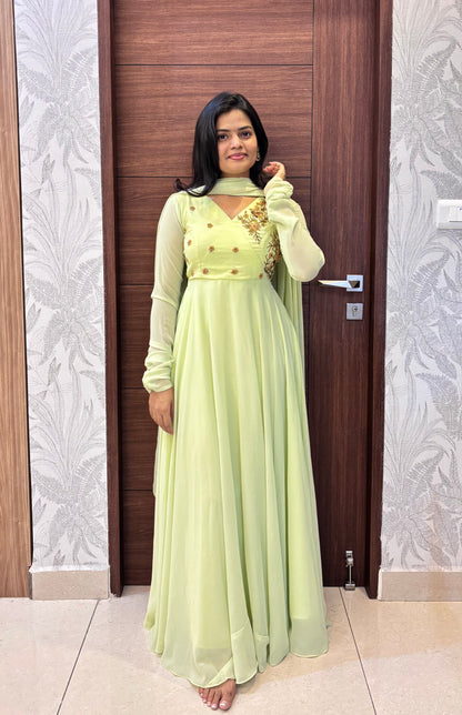 Viranika - LimeCream Floor length Gown and Duppata | Petals Chennai