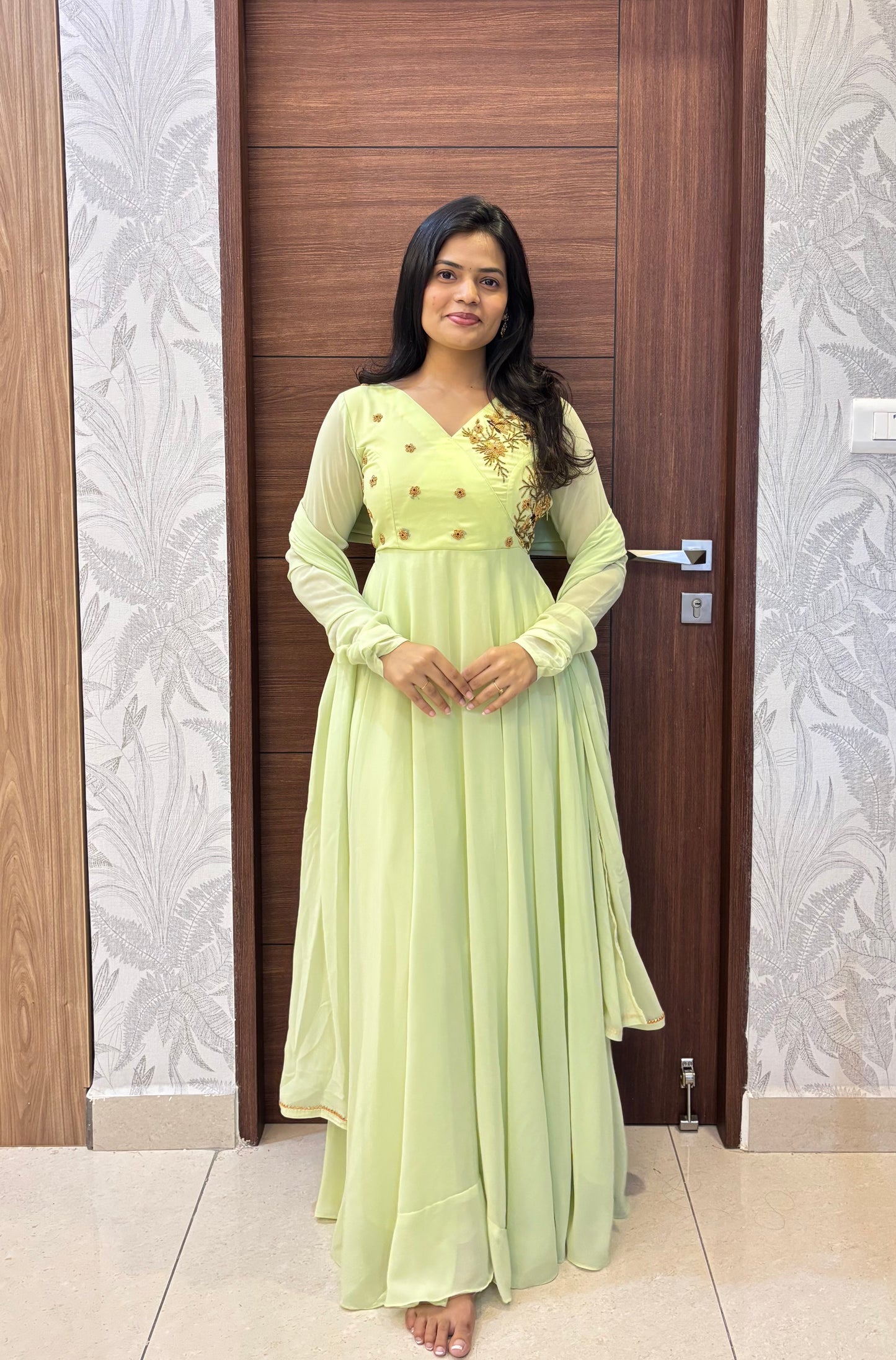 Viranika - LimeCream Floor length Gown and Duppata | Petals Chennai