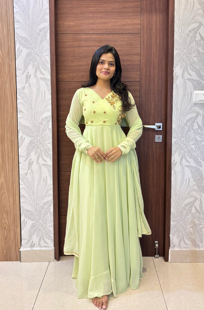 Viranika - LimeCream Floor length Gown and Duppata | Petals Chennai
