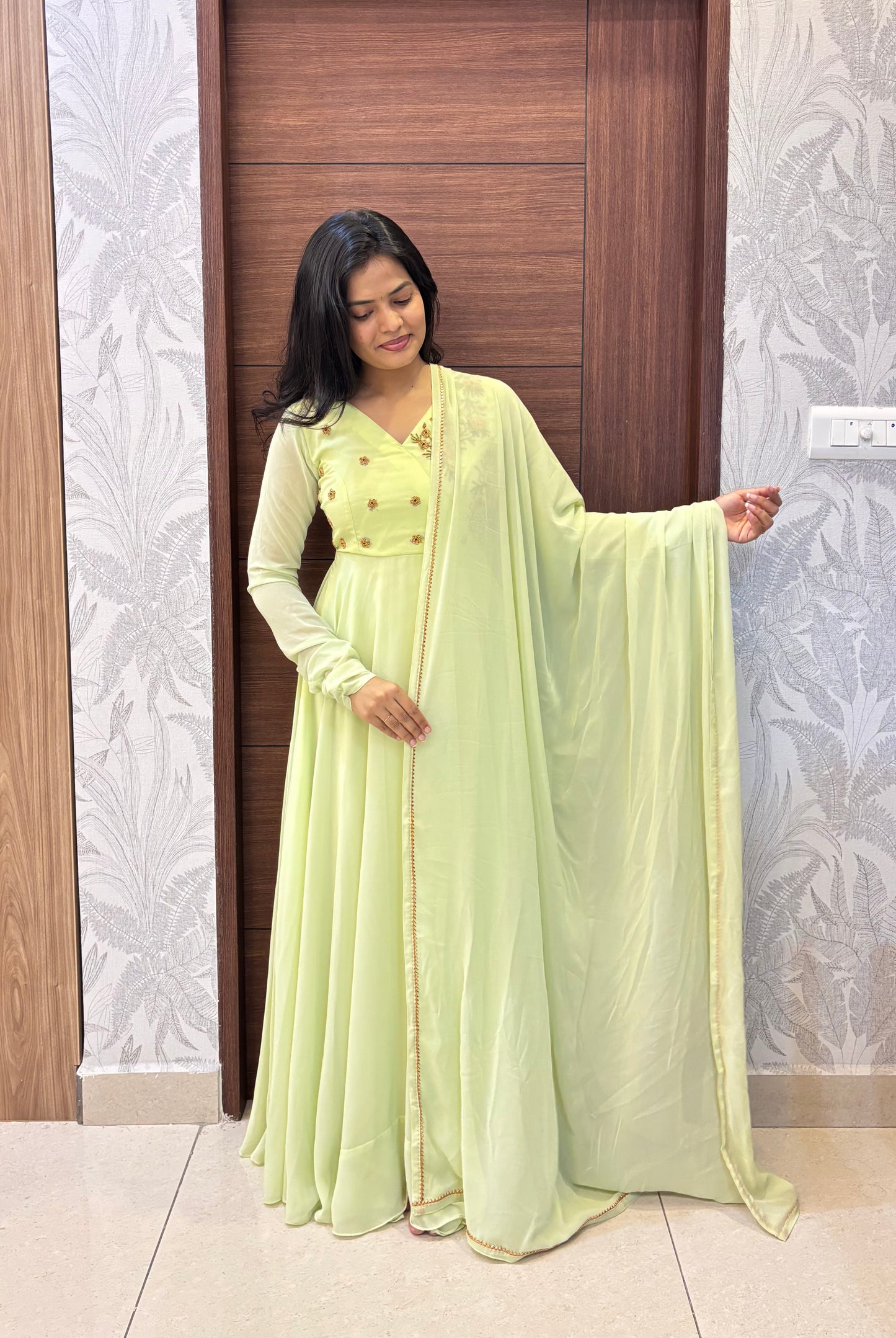 Viranika - LimeCream Floor length Gown and Duppata | Petals Chennai