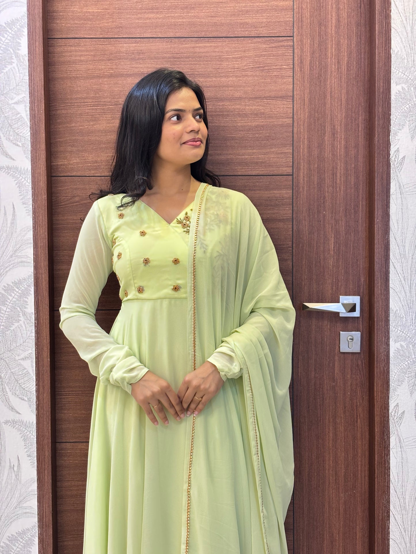 Viranika - LimeCream Floor length Gown and Duppata | Petals Chennai