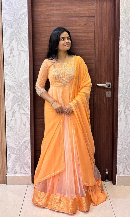 Sarika - Peach Khalidar Hand Embroidered Gown and Duppata | Petals Chennai