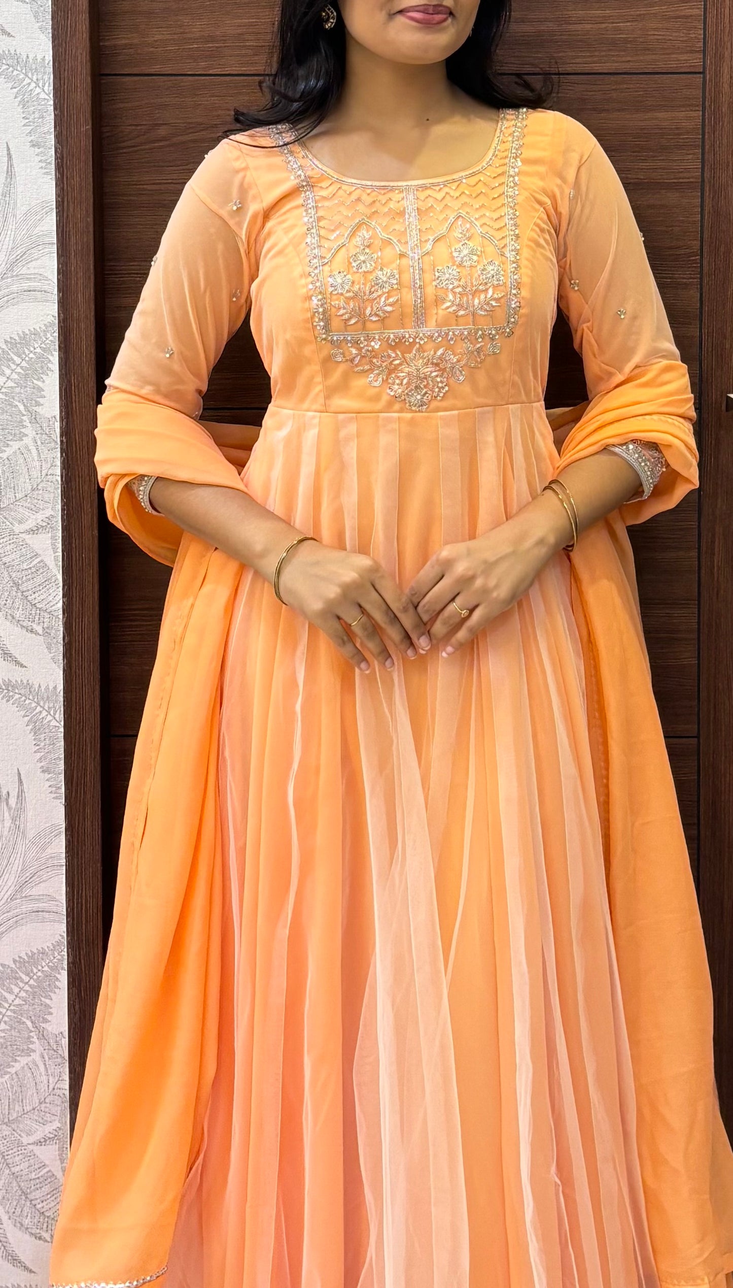 Sarika - Peach Khalidar Hand Embroidered Gown and Duppata | Petals Chennai