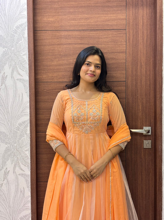 Sarika - Peach Khalidar Hand Embroidered Gown and Duppata | Petals Chennai