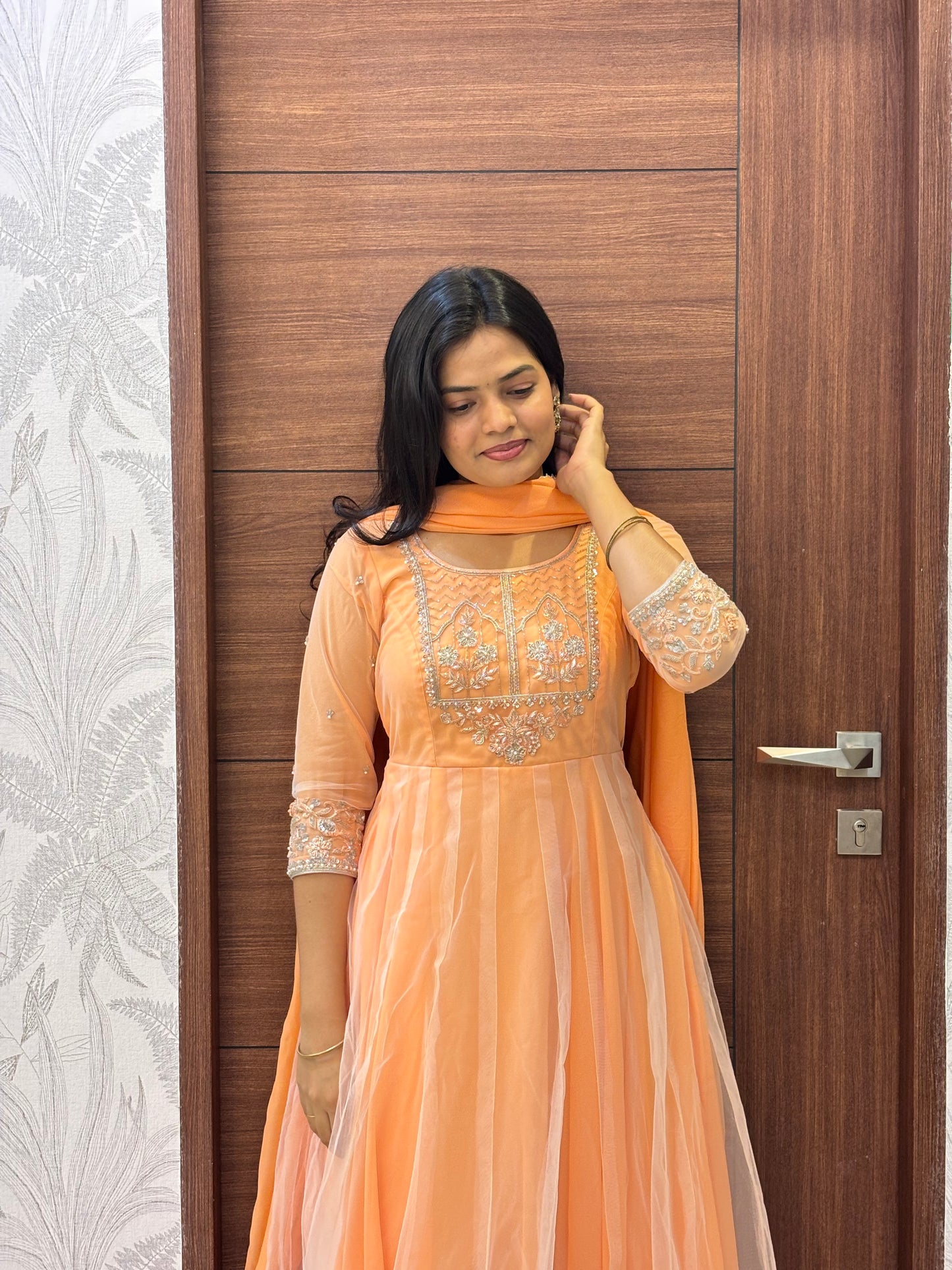 Sarika - Peach Khalidar Hand Embroidered Gown and Duppata | Petals Chennai