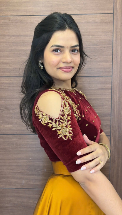 Rushie -  Hand Emboidered Cold Shoulder Crop Top and Flowy Skirt