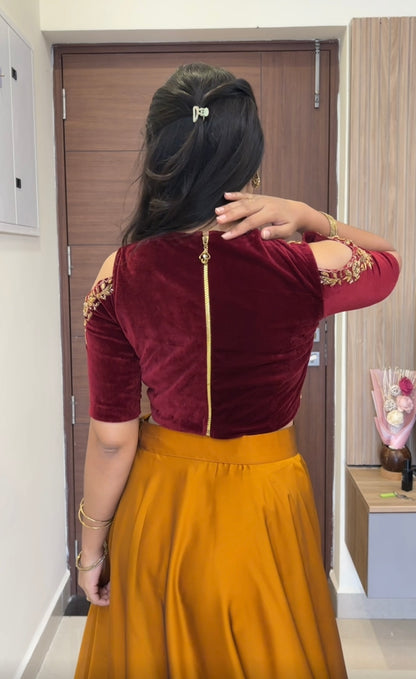 Rushie -  Hand Emboidered Cold Shoulder Crop Top and Flowy Skirt