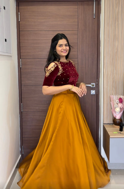 Rushie -  Hand Emboidered Cold Shoulder Crop Top and Flowy Skirt