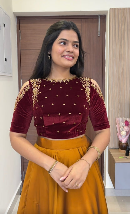 Rushie -  Hand Emboidered Cold Shoulder Crop Top and Flowy Skirt