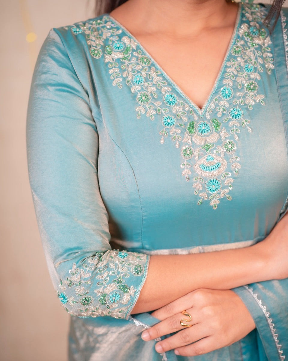 Anishi-Pastelblue floor length Gown with Dupatta | Petals Chennai