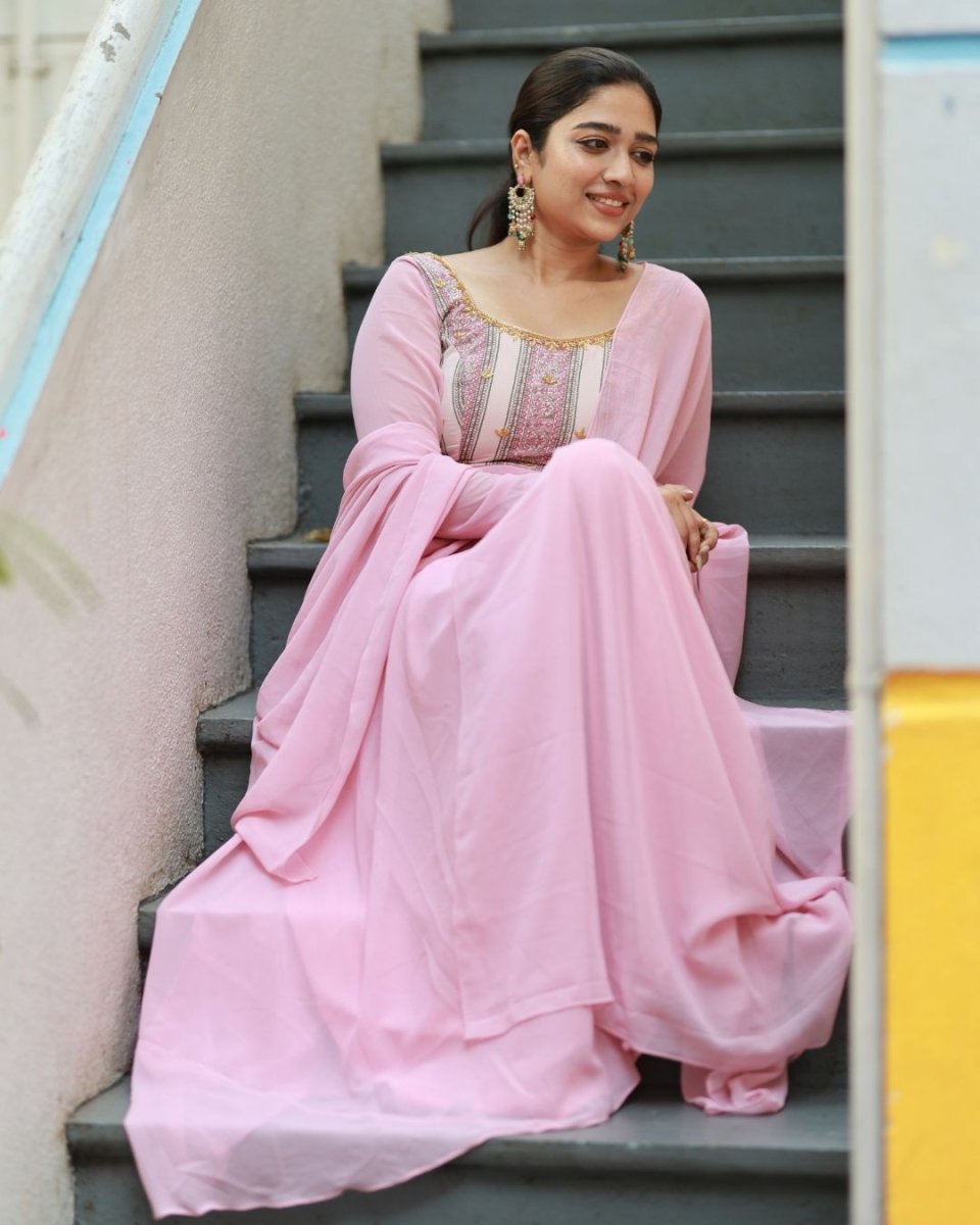 Aarna - Pastel pink floor length anarkali gown and duppata | Petals Chennai - Petals Chennai
