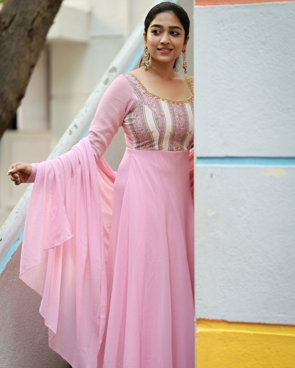 Aarna - Pastel pink floor length anarkali gown and duppata | Petals Chennai - Petals Chennai