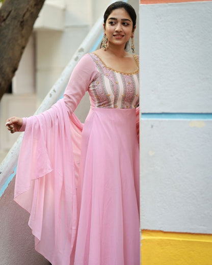 Aarna - Pastel pink floor length anarkali gown and duppata | Petals Chennai - Petals Chennai