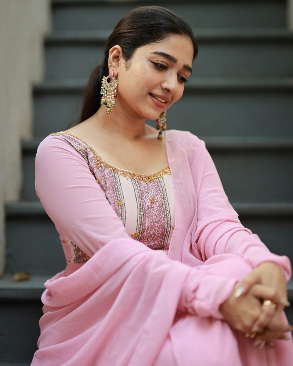 Aarna - Pastel pink floor length anarkali gown and duppata | Petals Chennai - Petals Chennai