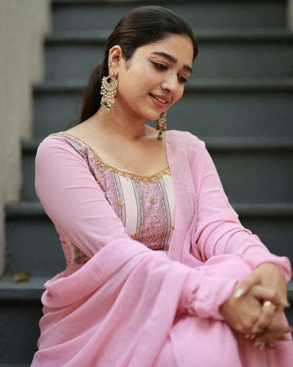 Aarna - Pastel pink floor length anarkali gown and duppata | Petals Chennai - Petals Chennai