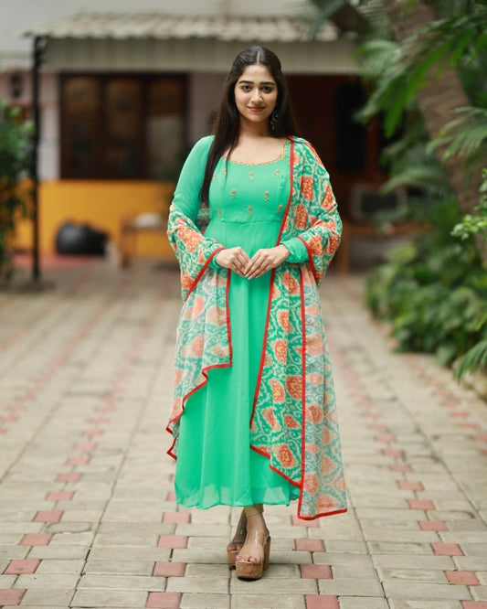 Aqua green anarkali kurta and duppata | Petals Chennai - Petals Chennai